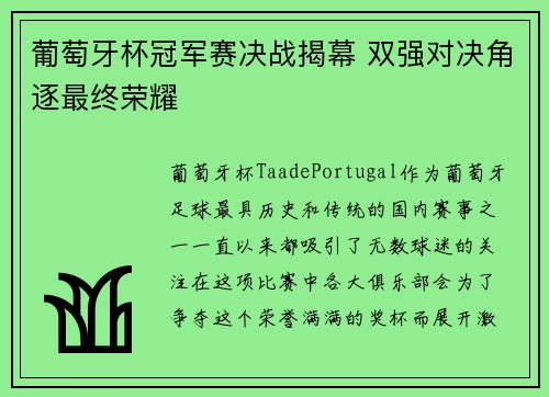 葡萄牙杯冠军赛决战揭幕 双强对决角逐最终荣耀