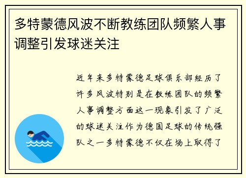 多特蒙德风波不断教练团队频繁人事调整引发球迷关注