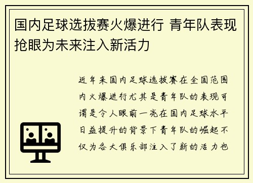 国内足球选拔赛火爆进行 青年队表现抢眼为未来注入新活力