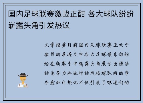 国内足球联赛激战正酣 各大球队纷纷崭露头角引发热议