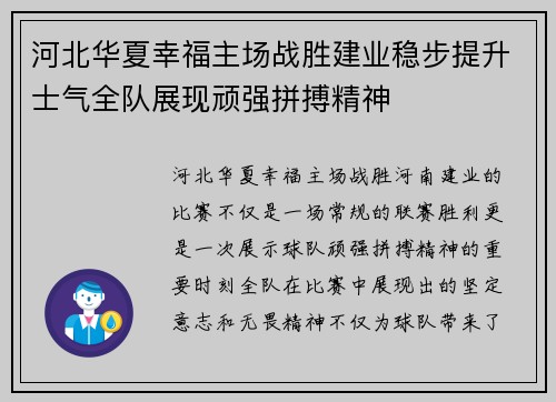 河北华夏幸福主场战胜建业稳步提升士气全队展现顽强拼搏精神