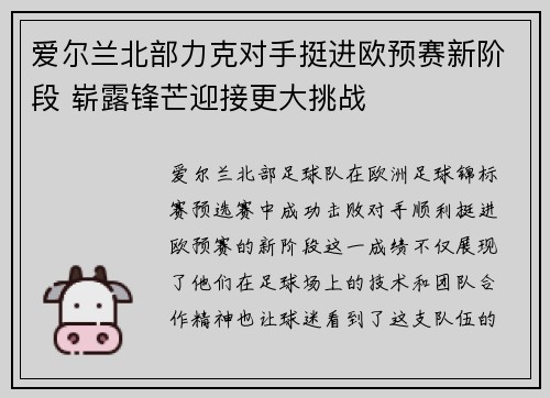 爱尔兰北部力克对手挺进欧预赛新阶段 崭露锋芒迎接更大挑战