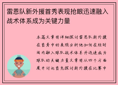 雷恩队新外援首秀表现抢眼迅速融入战术体系成为关键力量