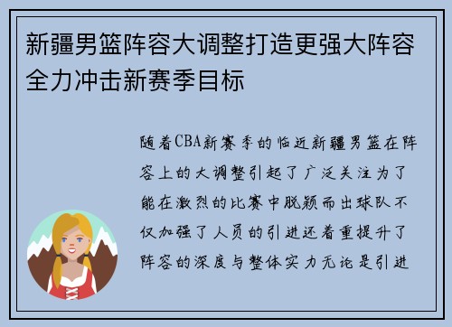 新疆男篮阵容大调整打造更强大阵容全力冲击新赛季目标