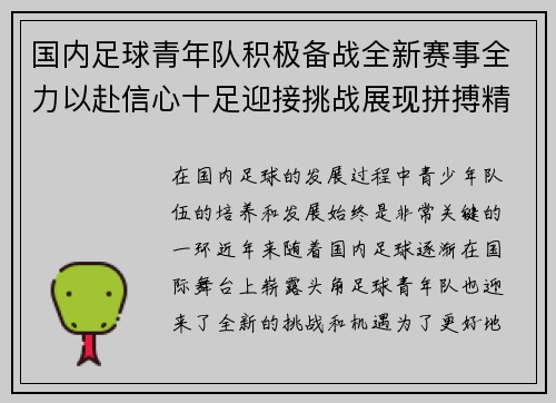 国内足球青年队积极备战全新赛事全力以赴信心十足迎接挑战展现拼搏精神